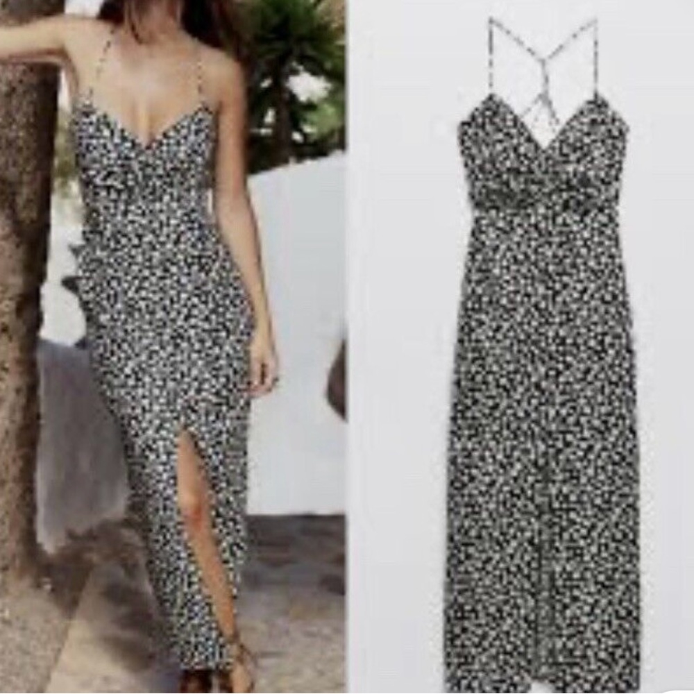 Spaghetti-Strap Black & White Ditsy Floral Maxi Dress